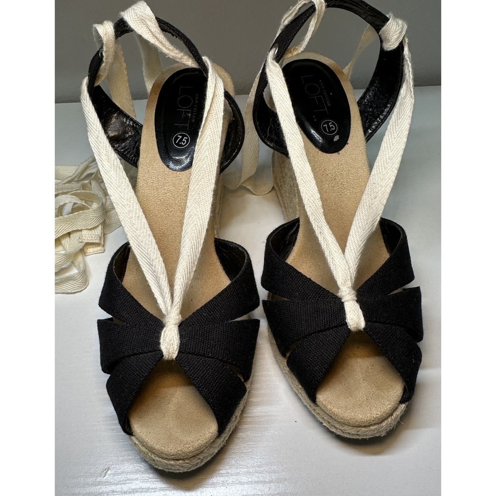 Ann Taylor Loft Tie-Up Espadrilles Wedge Women's Sandals Size 7.5 Black & Beige